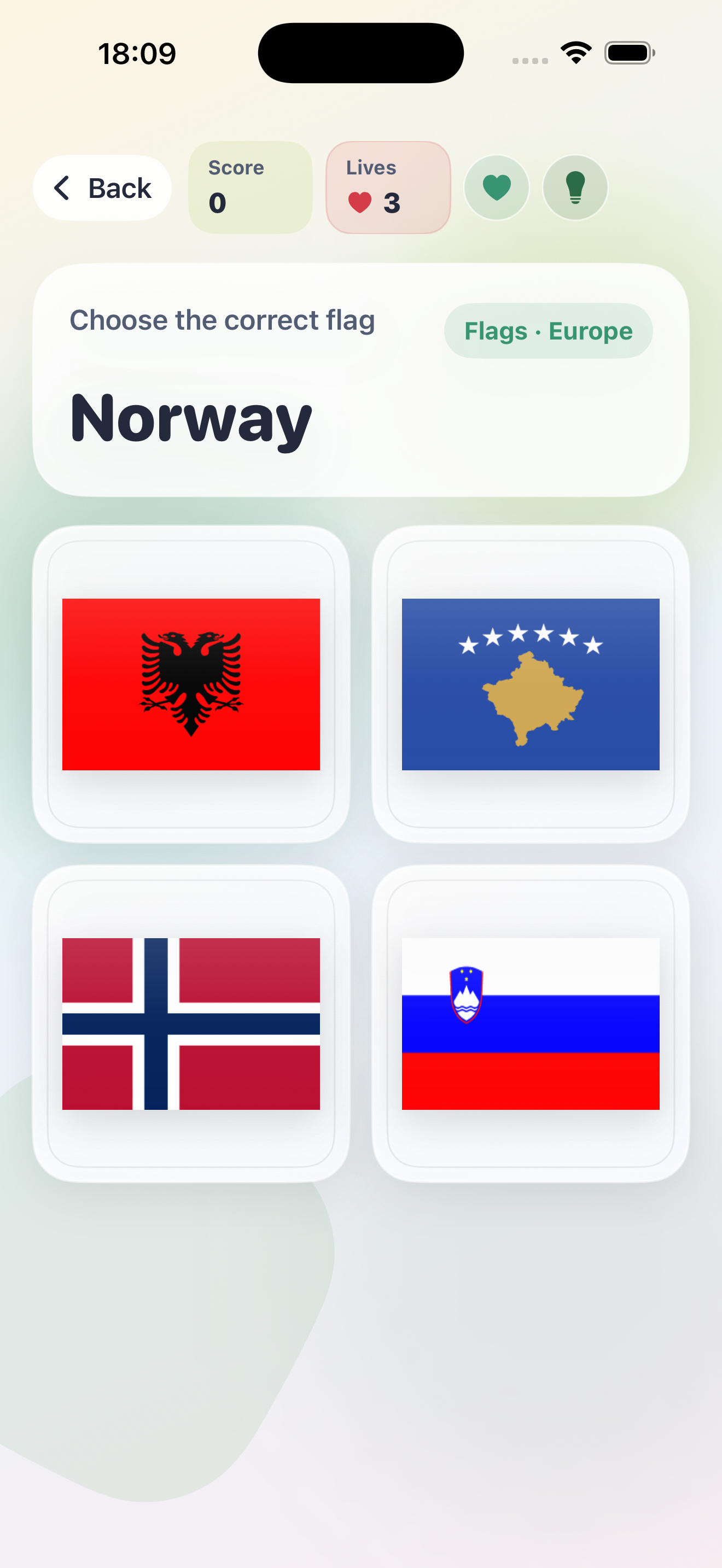 Flags Quiz continent screen